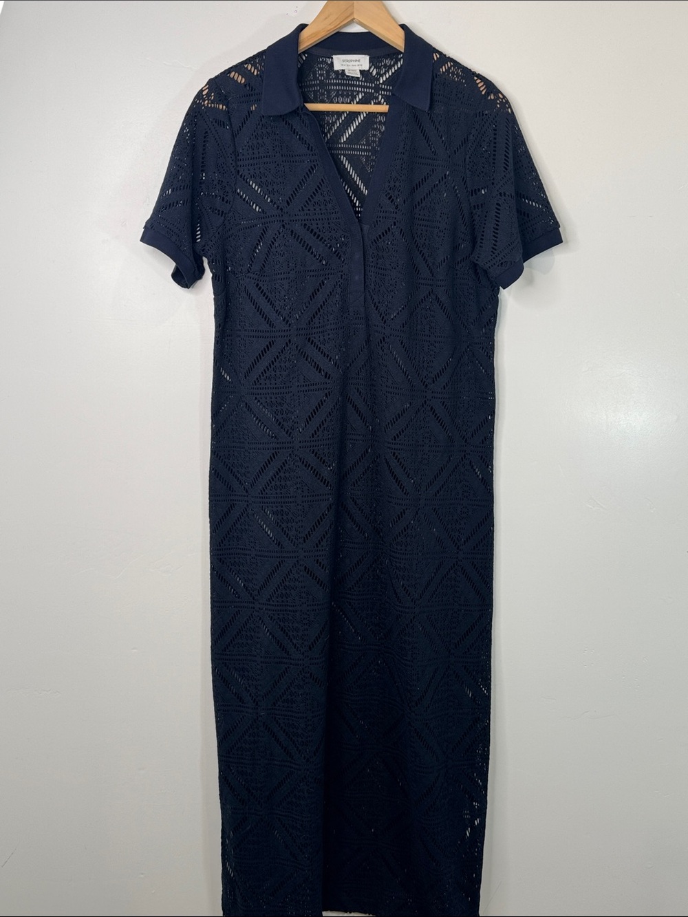 Seraphine Navy Crochet Maxi Dress with Collared V-Neck Size 8